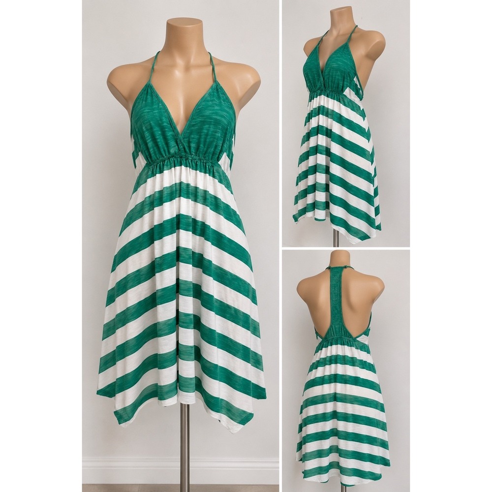 Roxy Halter Dress Womens Sz XL Green White Striped Slub Knit Surfer Boho